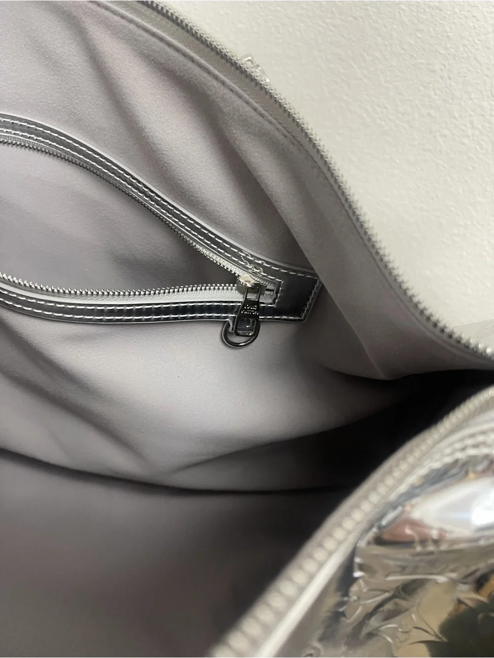 Silver Duffle Handbag Zip Closure Silver Hardware Inner Pocket